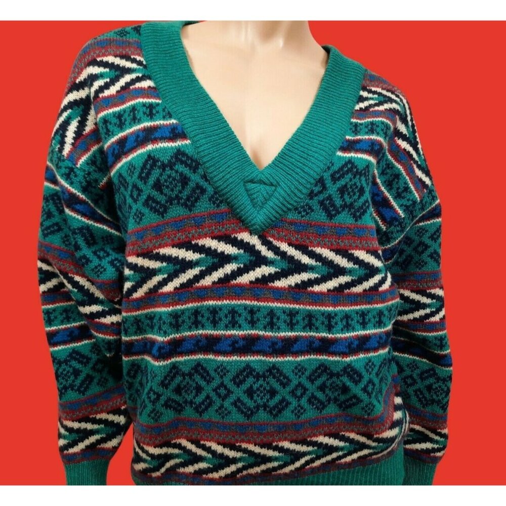 Vintage 80s 90s Wool Aztec Sweater Teal Blue V Neck Pullover Jumper Size M